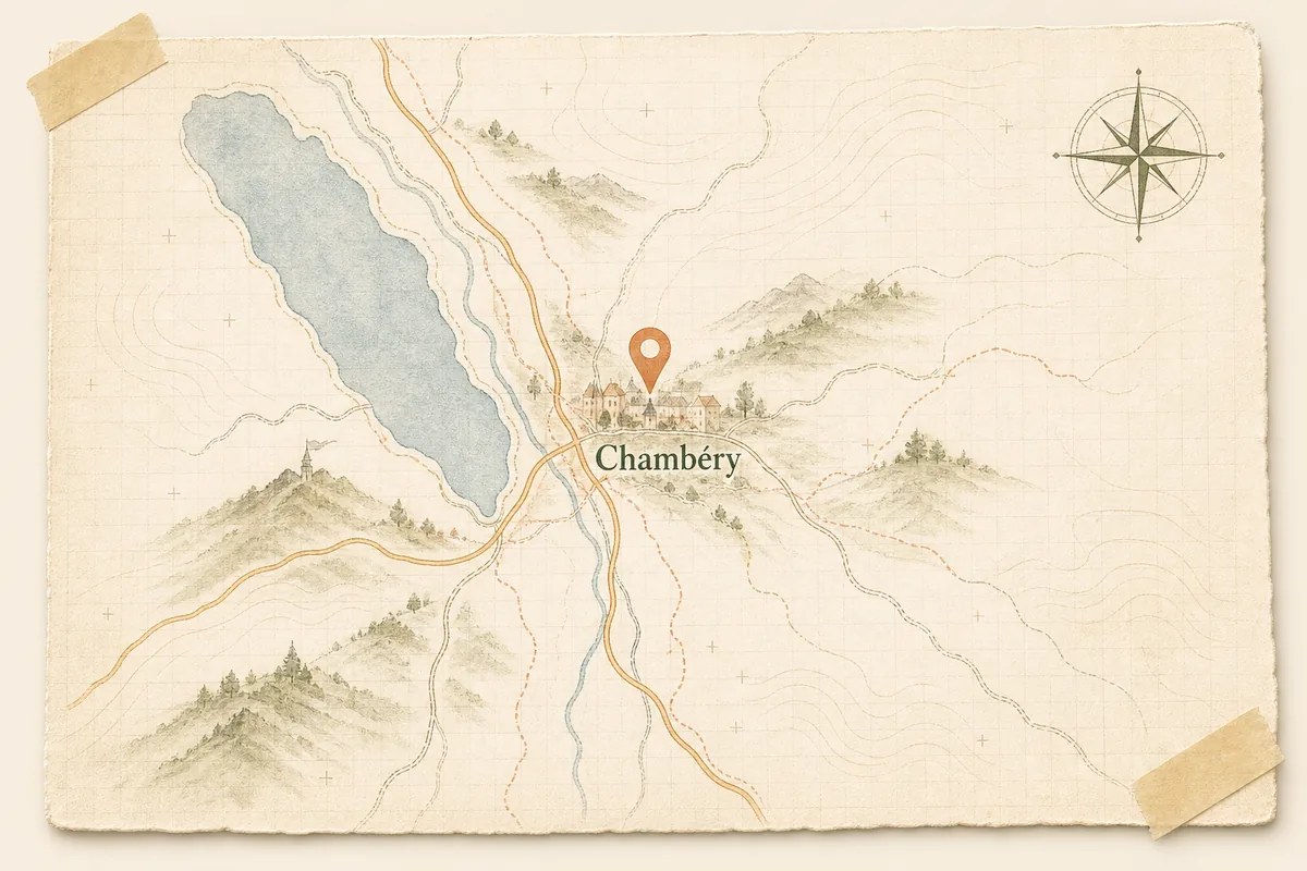 Carte illustrée manuscrite de Chambéry, avec un repère central et des lignes de carte sans autres villes annotées