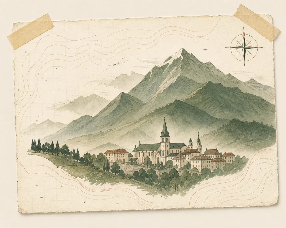 Illustration papier de Chambéry, avec montagnes de Savoie, centre ancien et lignes topographiques