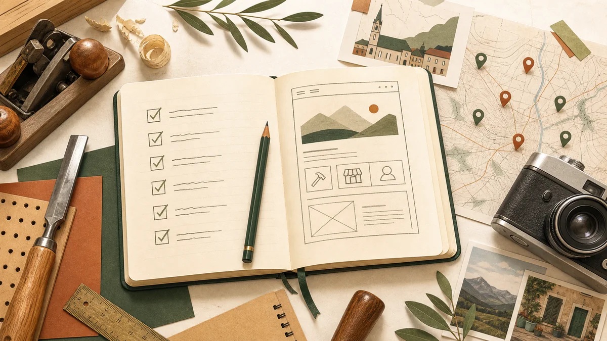 Carnet de cahier des charges pour site internet artisan avec checklist, photos et carte de Chambéry