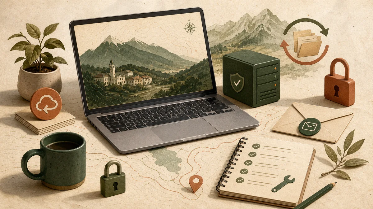 Illustration de maintenance site internet à Chambéry avec ordinateur, serveur, sauvegarde et sécurité
