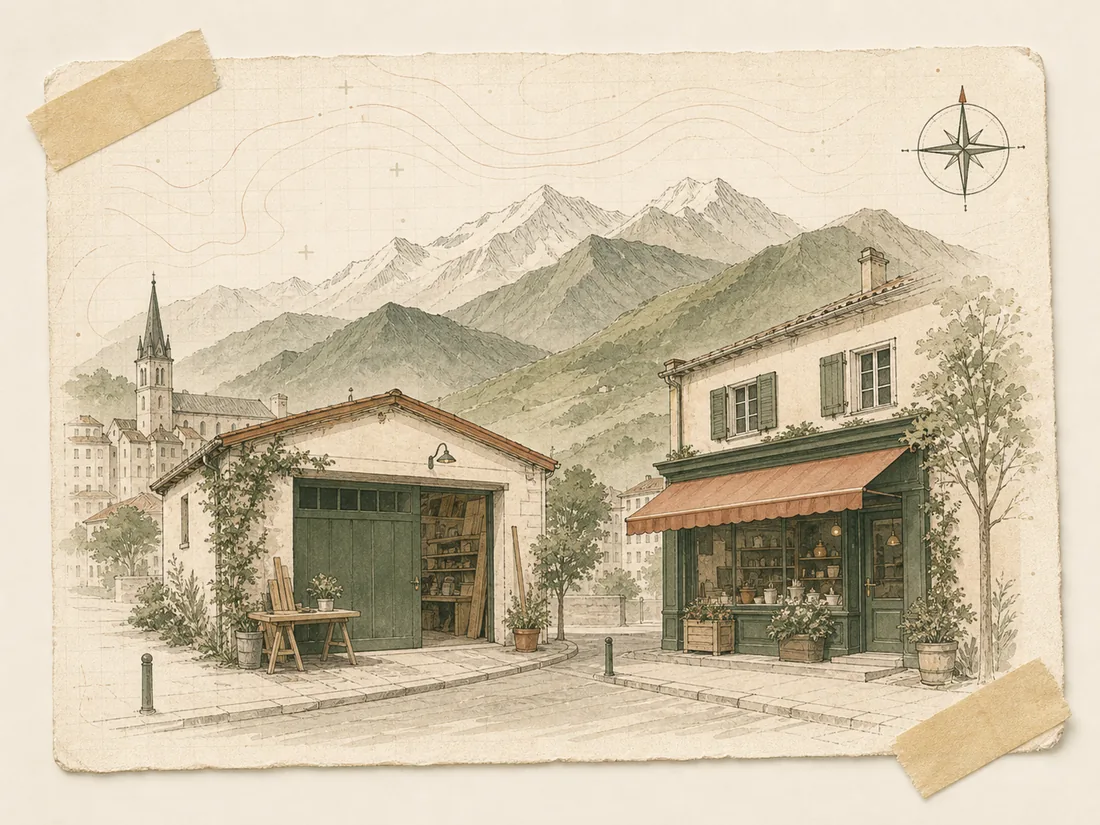 Illustration papier d'un atelier artisanal et d'une boutique locale devant les montagnes de Savoie